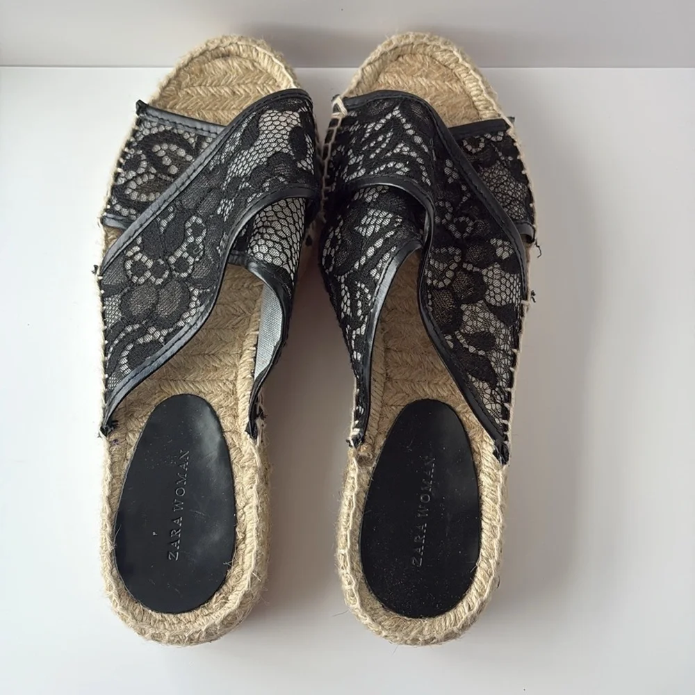 Zara Black Lace Crisscross Espadrille Woven Jute Platform Slide Sandals